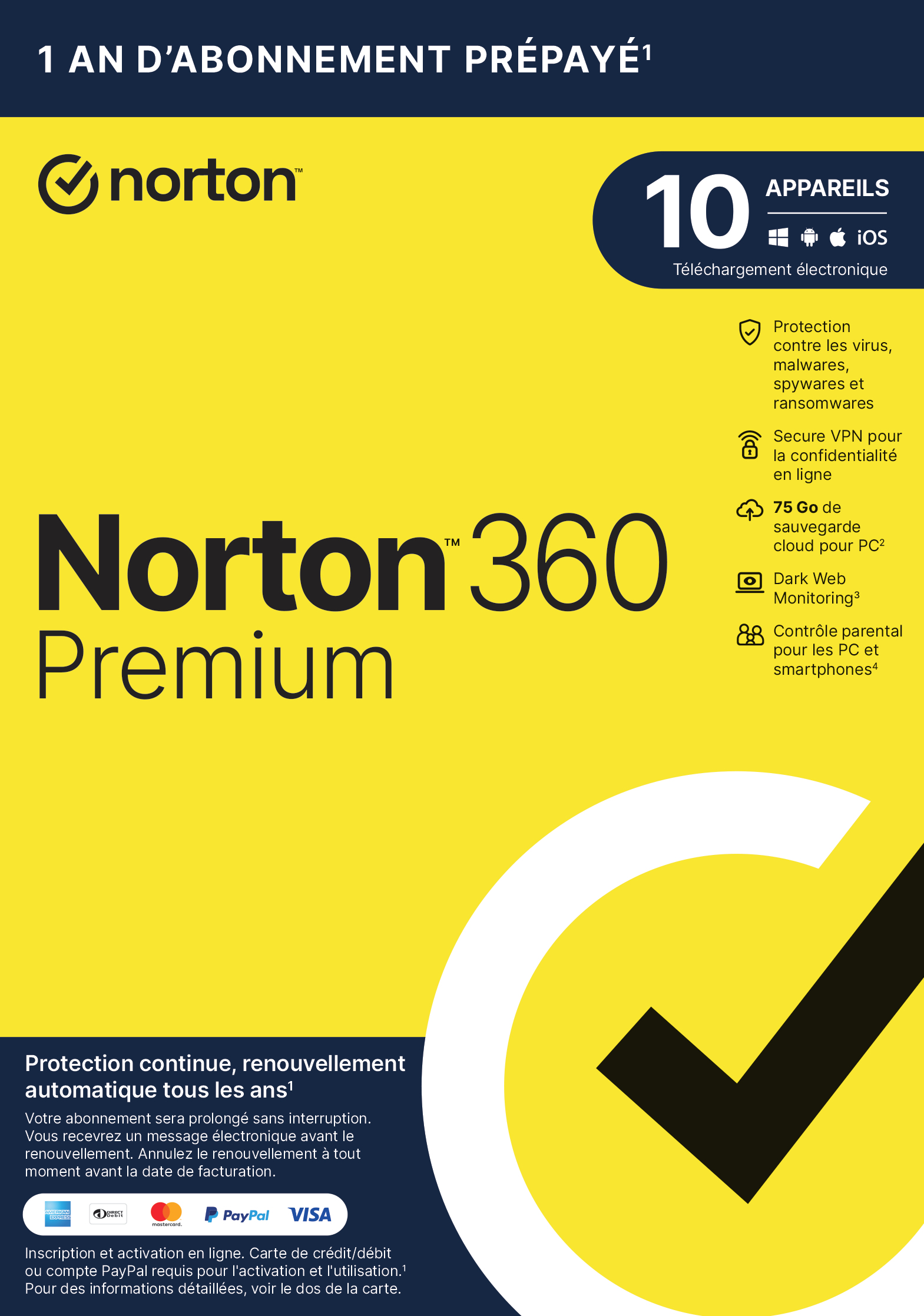 NORTON 360 PREMIUM 75GB FR 1 USER 10 DEVICE